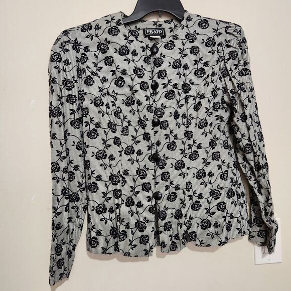 Prato Blazer For Women's Size 8 Black Embroidered Floral Front Buttons. - Picture 1 of 9